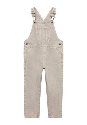 Salopette en denim beige avec bretelles ajustables, poche avant et deux poches latérales. Présente un design à jambes droites et une couture minimaliste.