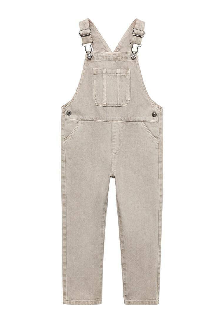 Salopette di jeans beige con bretelle regolabili, tasca frontale e due tasche laterali. Presenta un design a gamba dritta e cuciture minimaliste.