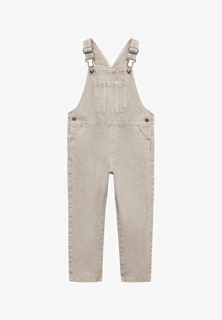 Beige denim tuinbroek met verstelbare banden, een frontzak en twee zijzakken. Heeft een recht model en minimalistische stiksels.