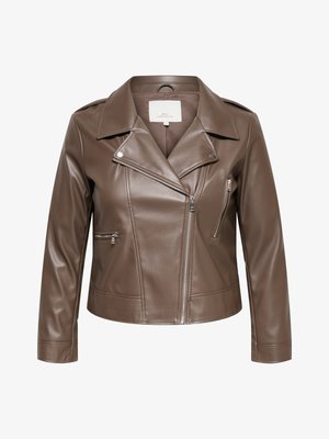 Brun kunstlær bikerjakke med asymmetrisk frontglidelås, bred krage, skulderklaffer og to glidelåslommer.