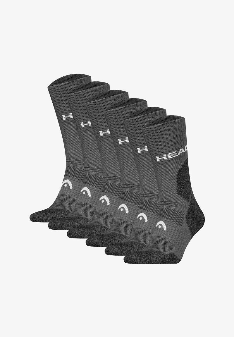 Cinque paia di calzini grigi con trama a coste, talloni rinforzati e dettagli del logo bianchi, disponibili in una lunghezza standard fino a metà polpaccio.