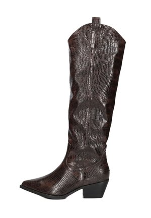 Hoher dunkelbrauner Cowboy-Stiefel aus krokodilgemustertem Leder mit spitzer Spitze und niedrigem schrägem Absatz.