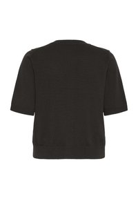 Schwarzer Kurzarmpullover mit rundem Halsauschnitt, gerippten Bündchen und Saum. Aus glattem Strickstoff gefertigt, mit einem klaren, schlichten Design.