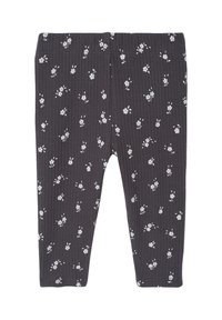 Dunkelgraue Ripp-Leggings für Babys mit kleinen, gleichmäßig über den Stoff verteilten weißen Blumenmustern.