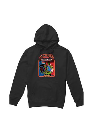 Black hoodie with colorful retro arcade game graphic showing three people at a machine, titled "Video Games Rot Your Brain" and "Low Score."