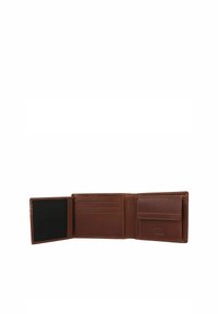 Braune Lederbörse, mit Bifold-Design, mehrere Kartenfächer, ein zentrales Fach und strukturierter Innenraum, mit sichtbaren Nähakzenten.