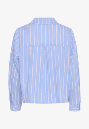 Helles blaues Hemd mit vertikalen weißen und rosa Streifen, einem Kragen und langen Ärmeln, ausgestattet mit einer Rückenfalte und knöpfbaren Manschetten.