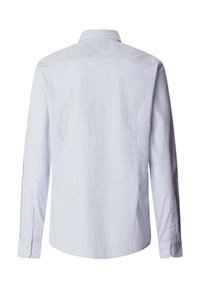 Košulja s dugim rukavima i gumbima, s malim bijelim i svijetloplavim karo uzorkom, prikazana s leđa na bijeloj pozadini.