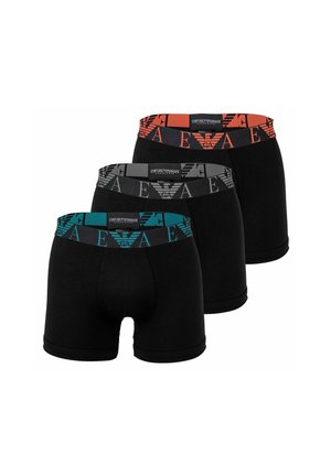 Trois paires de boxers noirs avec des ceintures élastiques en teal, gris et orange, arborant un détail de logo sur chaque bande.