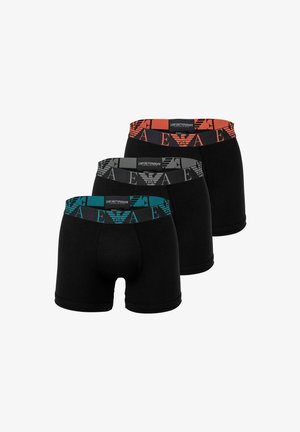 Drei Paare schwarze Boxershorts mit elastischen Taillenbändern in Teal, Grau und Orange, jeweils mit Logo-Details auf jedem Band.
