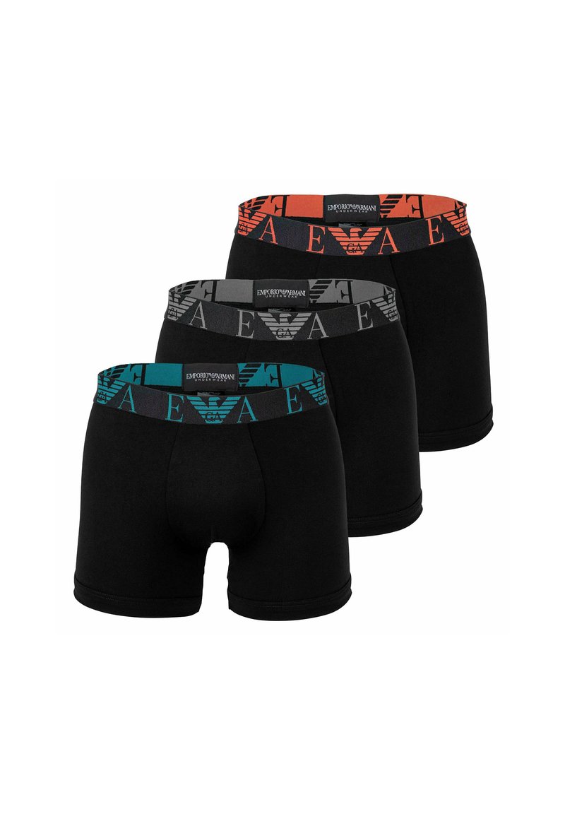 Drie paar zwarte boxershorts met elastische taillebanden in teal, grijs en oranje, met logodetail op elke band.