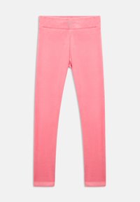 Rožinės leggings, pagamintos iš lygaus, švelnaus audinio, su liemeniu ir maža logotipo detalė priekyje. Matomų raštų nėra.
