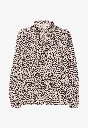 Kerge kangast pluus, millel on helesinine alus ja julge must leopardi muster, volangkaelus ja kokku koondatud pikad varrukad.