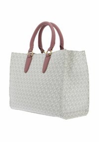 Borsa tote con motivo geometrico beige, manici in pelle rosa e hardware dorato. Forma strutturata con apertura superiore e lati rinforzati.