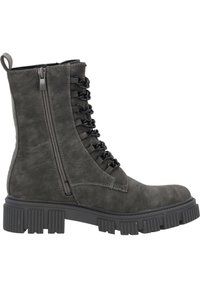 Grijze suède enkelboots met een ronde neus, voorzien van een vetersluiting aan de voorkant, zijrits en een chunky, gegroefd rubberen zool.