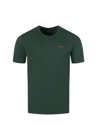 Zielona koszulka z krótkim rękawem wykonana z bawełny, z dekoltem okrągłym i małym pomarańczowym logo po lewej stronie. Gładka tekstura i dopasowany krój.