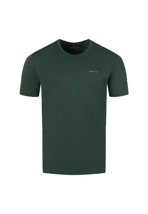 Zielona koszulka z krótkim rękawem wykonana z bawełny, z dekoltem okrągłym i małym pomarańczowym logo po lewej stronie. Gładka tekstura i dopasowany krój.
