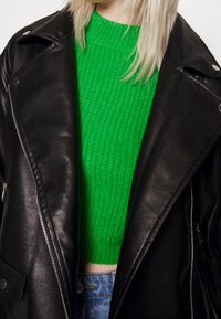 Černá kožená bunda se stříbrnými detaily přes jasně zelený žebrovaný svetr. Oblečení zahrnuje zkrácený svetr a pohodlné džíny.