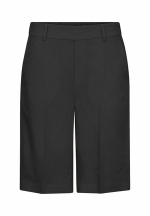 Pantaloni scurți negri, taiați la genunchi, cu bucle pentru centură și o pliură centrală, pe un fundal alb.