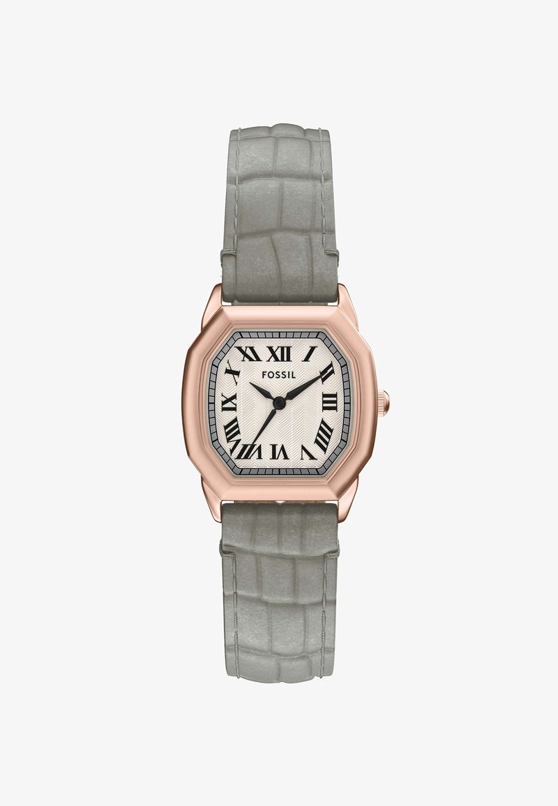 Roségoldenes achteckiges Armbanduhren mit einem weißen strukturierten Zifferblatt, römischen Ziffern und einem grauen Krokodil-Lederarmband. Silberne Hardware-Akzente.