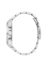 Montre-bracelet en métal argenté avec un boîtier rectangulaire, trois boutons et un bracelet à maillons. Fini haute brillance sans motifs visibles.