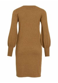 Knit dress in warm brown, featuring a relaxed fit, long puff sleeves, and ribbed cuffs. Soft texture with a simple, clean design.