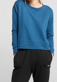 Sweatshirt bleu à manches longues avec un col rond, des épaules basses et une coupe décontractée. Le tissu semble doux avec une texture lisse.