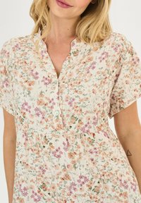 Robe florale en tissu léger avec des manches courtes, dotée d'un col en V boutonné et d'une taille froncée. Les couleurs incluent crème, rose et vert.