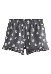 Graue Shorts mit weißem Blumenmuster aus Gänseblümchen, elastischem Bund und gerafftem Saum. Hergestellt aus weichem Stoff mit leichter Textur.