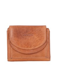 Portafoglio in pelle marrone con chiusura a pattina arrotondata, logo impresso e cuciture visibili. Forma rettangolare compatta con superficie liscia.