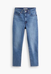 Jean bleu taille haute à jambes droites avec bouton à l'avant, passants de ceinture et design à cinq poches sur fond blanc.