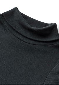 Schwarzes Rollkragenoberteil aus strukturiertem Stoff, mit einem gefalteten Halsausschnitt und glatter Oberfläche. Das Design ist minimalistisch und weist keine sichtbaren Muster auf.