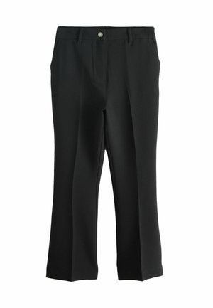 Schwarze gerade geschnittene Hose mit Gürtelschlaufen, Vorderknopf und Seitentaschen, vor weißem Hintergrund dargestellt.