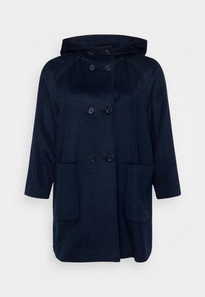 Palton cu capot de culoare bleu marin, design cu două rânduri de nasturi, dotat cu nasturi negri, două buzunare frontale și un material neted, texturat.