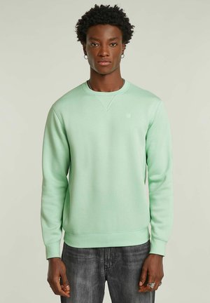 Light green sweatshirt made of soft fabric, featuring ribbed cuffs and a crew neck. Includes a small logo detail on the chest.
