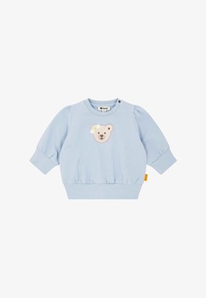 Light blue sweatshirt with puff sleeves, ribbed hem, and a bear appliqué on the front. Features button detail at the neck. Soft fabric texture.