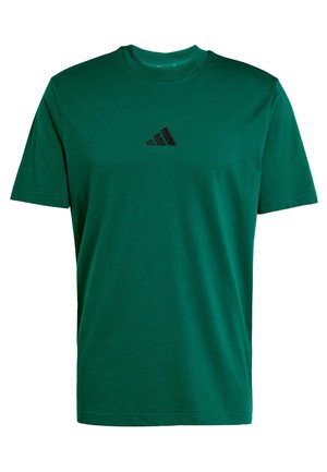Zöld pamut póló, kerek nyakkal és rövid ujjakkal. Bal mellkason fekete Adidas logóval. Klasszikus fazon és sima textúra.