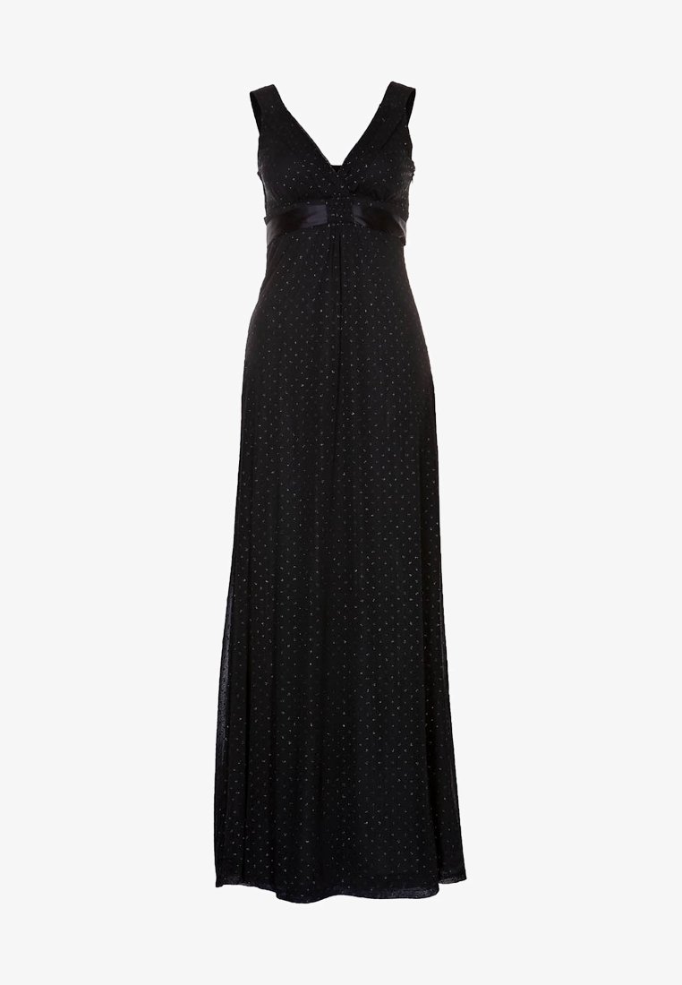 Robe maxi noire avec décolleté en V, sans manches, motif à pois argentés et ceinture en satin. Fluide jusqu'au sol avec une coupe décontractée.