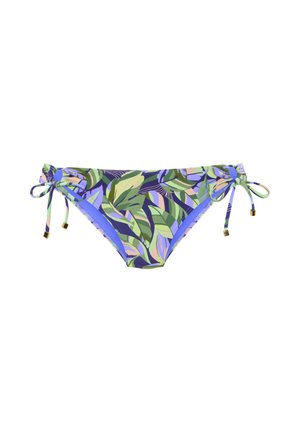 Dół bikini z niskim stanem z wzorem tropikalnych liści w zielonym, fioletowym i beżowym kolorze, z wiązaniami po bokach zakończonymi małymi złotymi metalowymi końcówkami.
