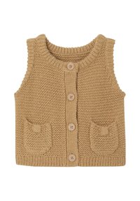 Beige Strickweste mit rundem Ausschnitt, fünf Holzknöpfen und zwei Brusttaschen. Texturiertes Gewebe mit geripptem Saum.