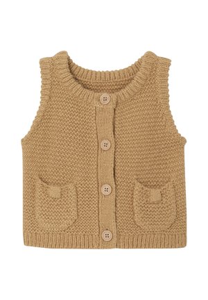 Beige Strickweste mit rundem Ausschnitt, fünf Holzknöpfen und zwei Brusttaschen. Texturiertes Gewebe mit geripptem Saum.