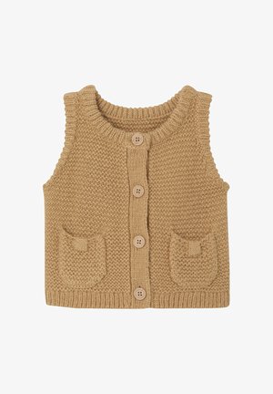 Knit beige vest with a round neckline, five wooden buttons, and two breast pockets. Textured fabric with a ribbed hem.
