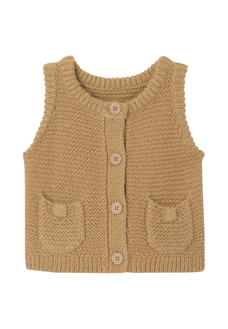 Beige Strickweste mit rundem Ausschnitt, fünf Holzknöpfen und zwei Brusttaschen. Texturiertes Gewebe mit geripptem Saum.