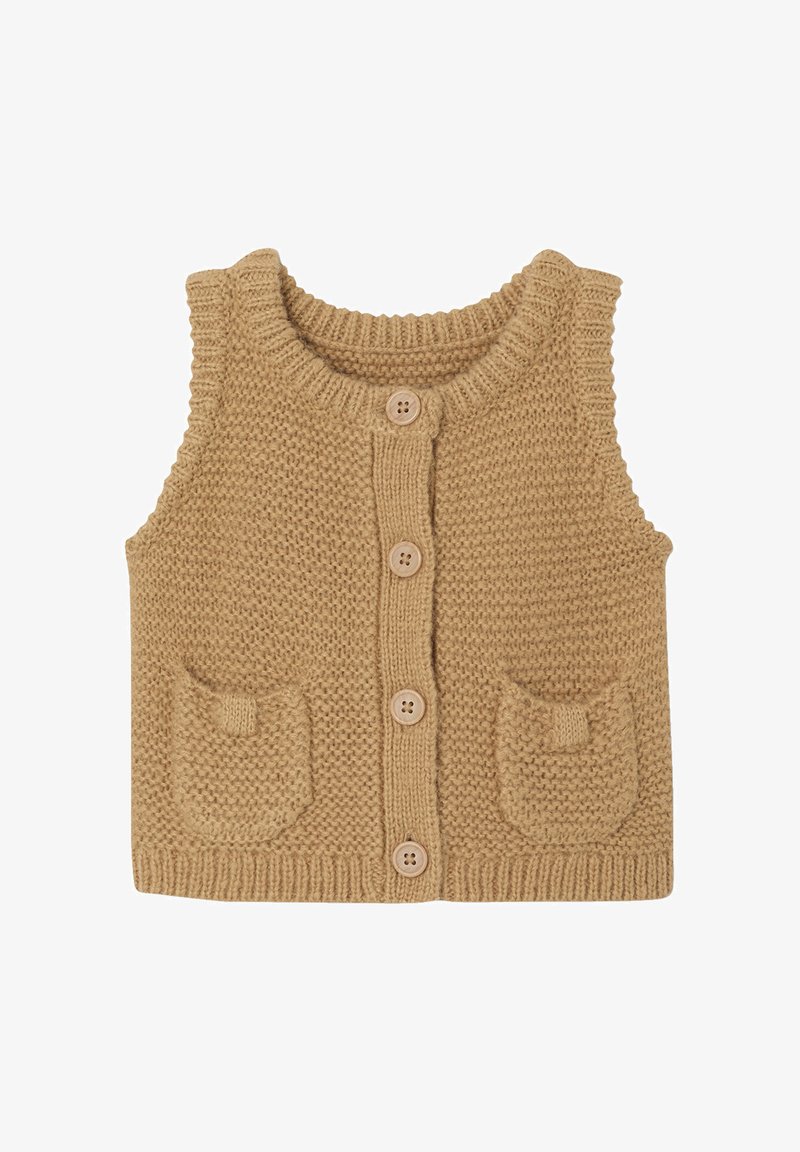 Beige Strickweste mit rundem Ausschnitt, fünf Holzknöpfen und zwei Brusttaschen. Texturiertes Gewebe mit geripptem Saum.