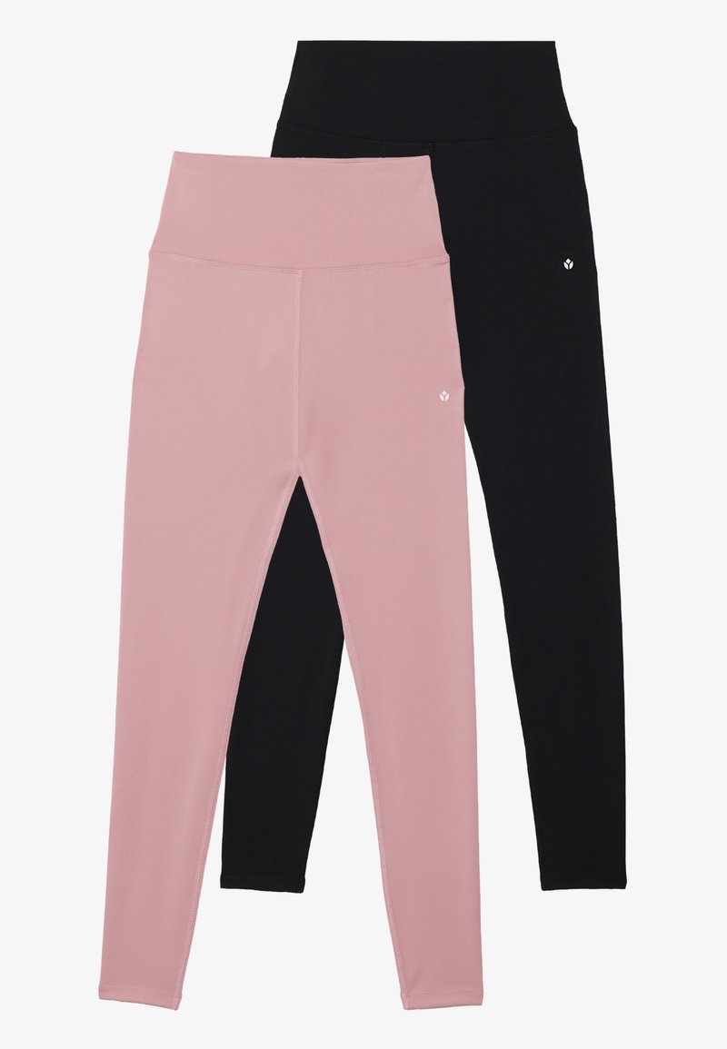 Two pairs of high-waisted leggings, one pink layered over one black, both with small white logo on upper thigh.