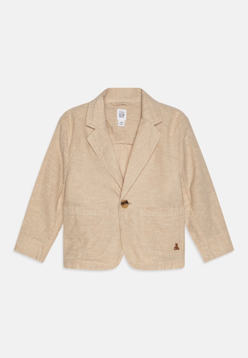 Blazer di lino beige con chiusura a singolo bottone, revers a punta, due tasche frontali e un piccolo dettaglio logo ricamato.