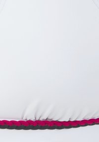 White bikini top with gathered fabric and a woven strap. The strap features pink and black accents along the bottom edge.