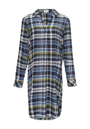 Koszula w kratę z mieszanki bawełny, z niebieskimi, zielonymi, białymi i czarnymi wzorami, długimi rękawami z guzikami oraz kołnierzykiem.