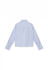 Camisa de manga larga a rayas azules con cuello clásico, puños con botones y un pliegue central en la parte trasera. Hecha de tejido suave.