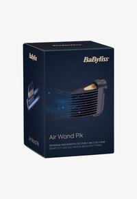 El embalaje de BaByliss Air Wand Pik presenta una caja negra con acentos dorados. El accesorio de peine está diseñado para desenredar el cabello rizado.